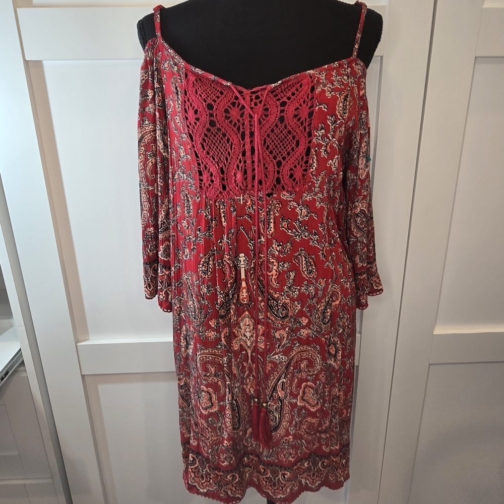 Angie Boho Red Paisley Cold Shoulder Dress